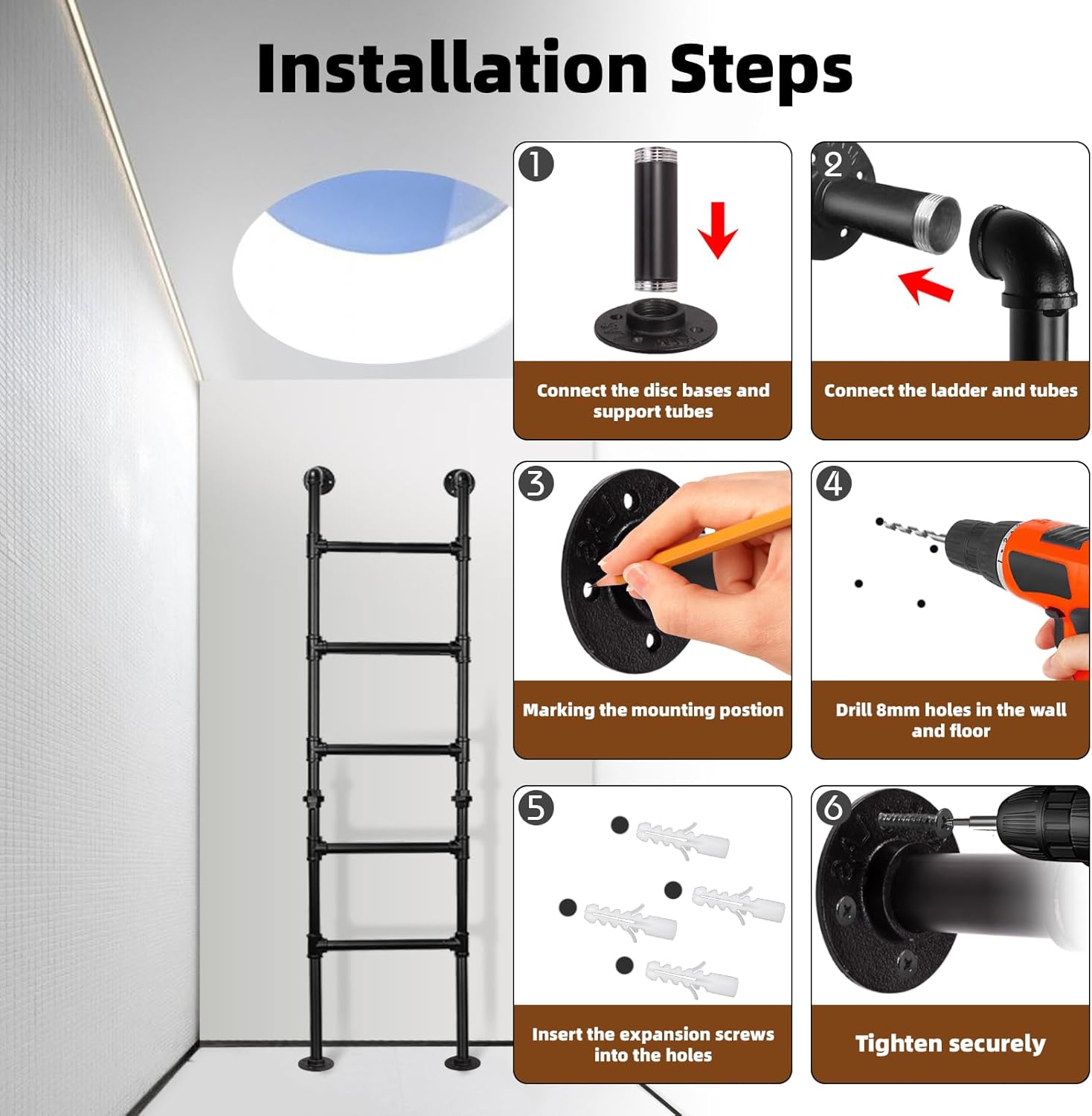 5.6FT/170cm Bunk Bed Ladder, Wall to Floor-Mounted Basement Window Well Egress Ladder, Wrought Iron Loads 330lbs, Indoor Outdoor 5-Rung, for Home Library Attic Loft Dorm Deck