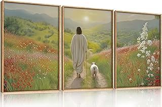 LHIUEM Large Jesus and Lamb Christian Framed Canvas Wall Art,Leaves The 99 Sheep Wall Decor,Mountain Sunset Flower Bible Artwork for Living Room,Bedroom,Dining Room,Office -24''x36''x3