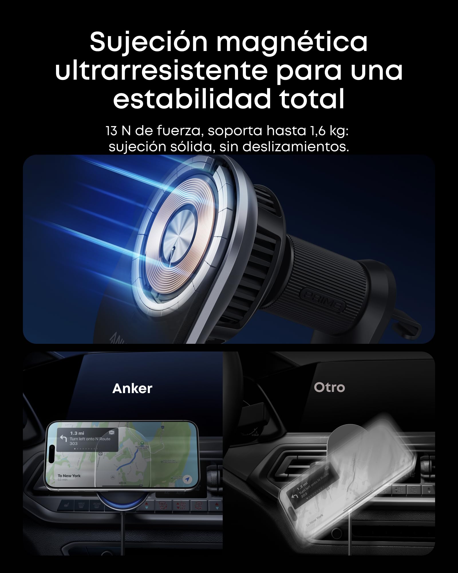Anker Prime MagSafe Cargador para Coche, certificación Qi2 de 25 W con refrigeración Tec, imanes y Soporte para Rejilla de ventilación para iPhone 17-12 (Incluye Adaptador de 60 W).