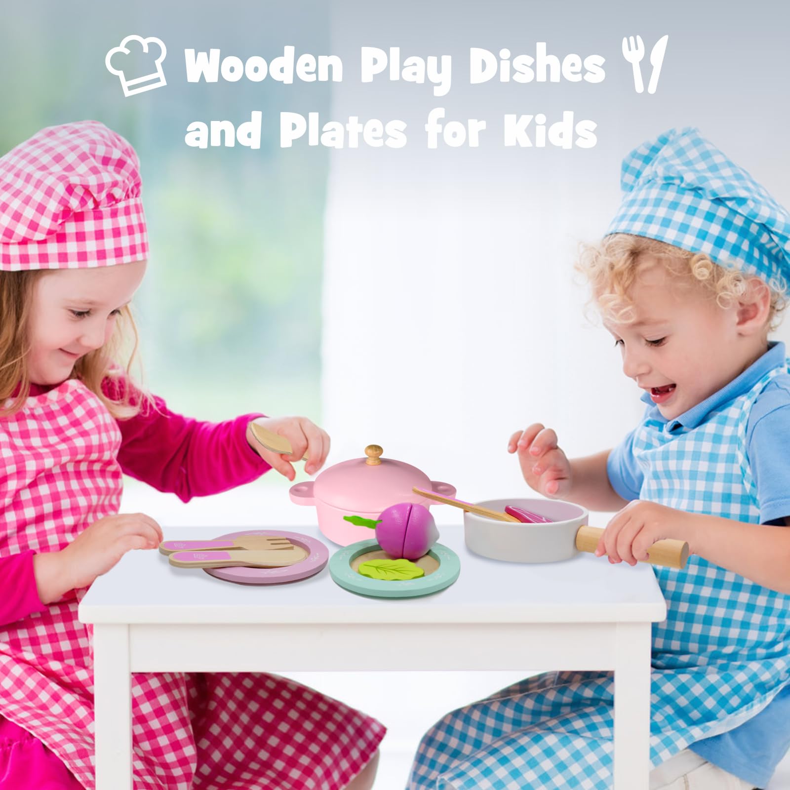 SimpliPlay Wooden Toy Plates and Dishes for Kitchen Set 30PCS Montessori Play Kitchen Accessories for Toddlers with Toy Pots and Pans Wooden Play Cooking Set for 3-8 Years Girls & Boys - Image 2