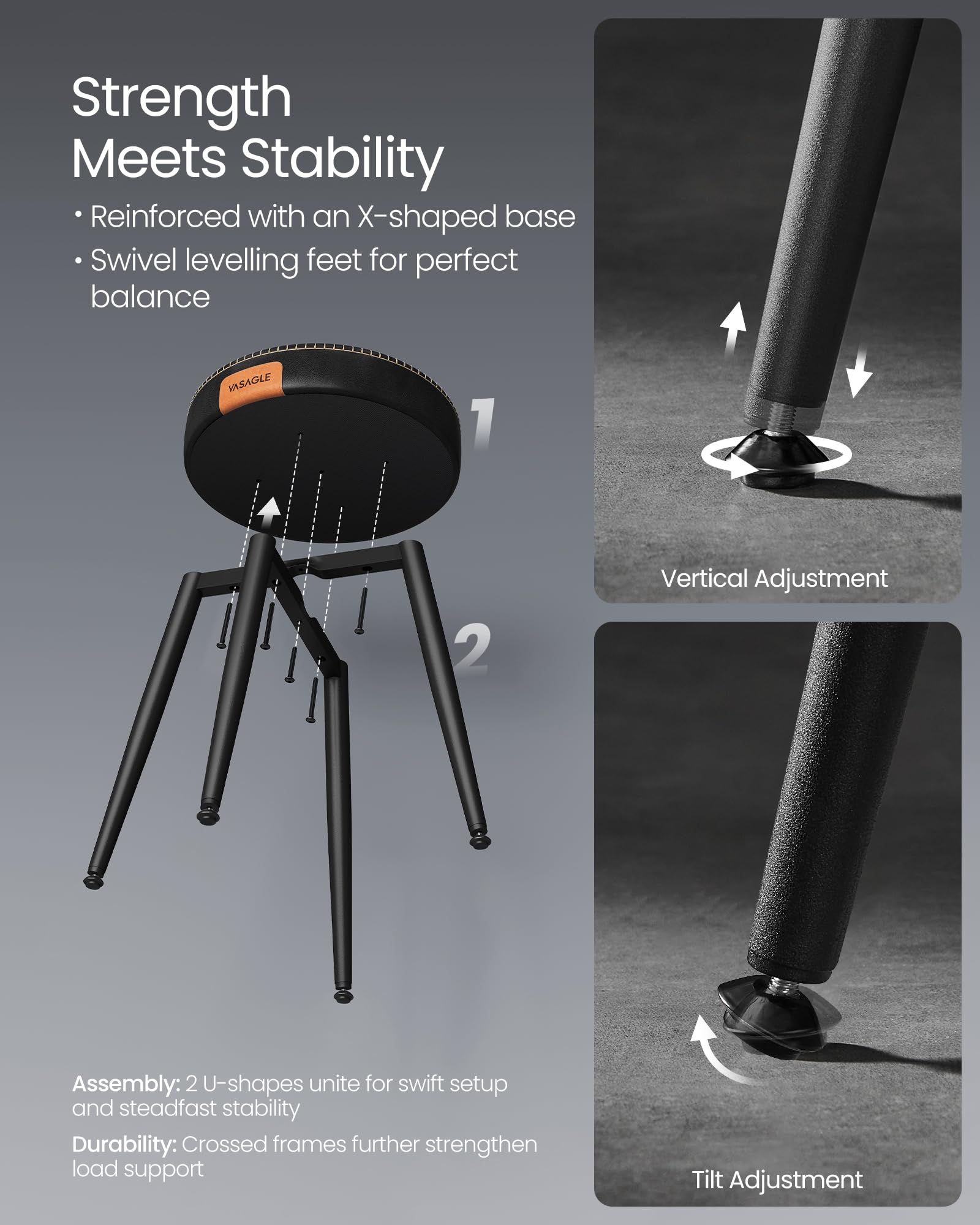 VASAGLE EKHO Collection - Dining Stools Set of 2, Upholstered Kitchen Stools, Synthetic Leather with Stitching, Mid-Century Modern, 48.2 cm Tall, Dining Living Room Office, Ink Black LDC170B82 — view 8