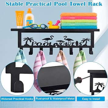 Pool Towel Rack Outdoor with Hooks - 15.7 x 5.3 Flamingo Towel Holder with Shelf 8 Hooks for Outside, Towels Drying Storage and Organization, Hot Tub Accessories Beach Poolside Bathroom Decor, Black