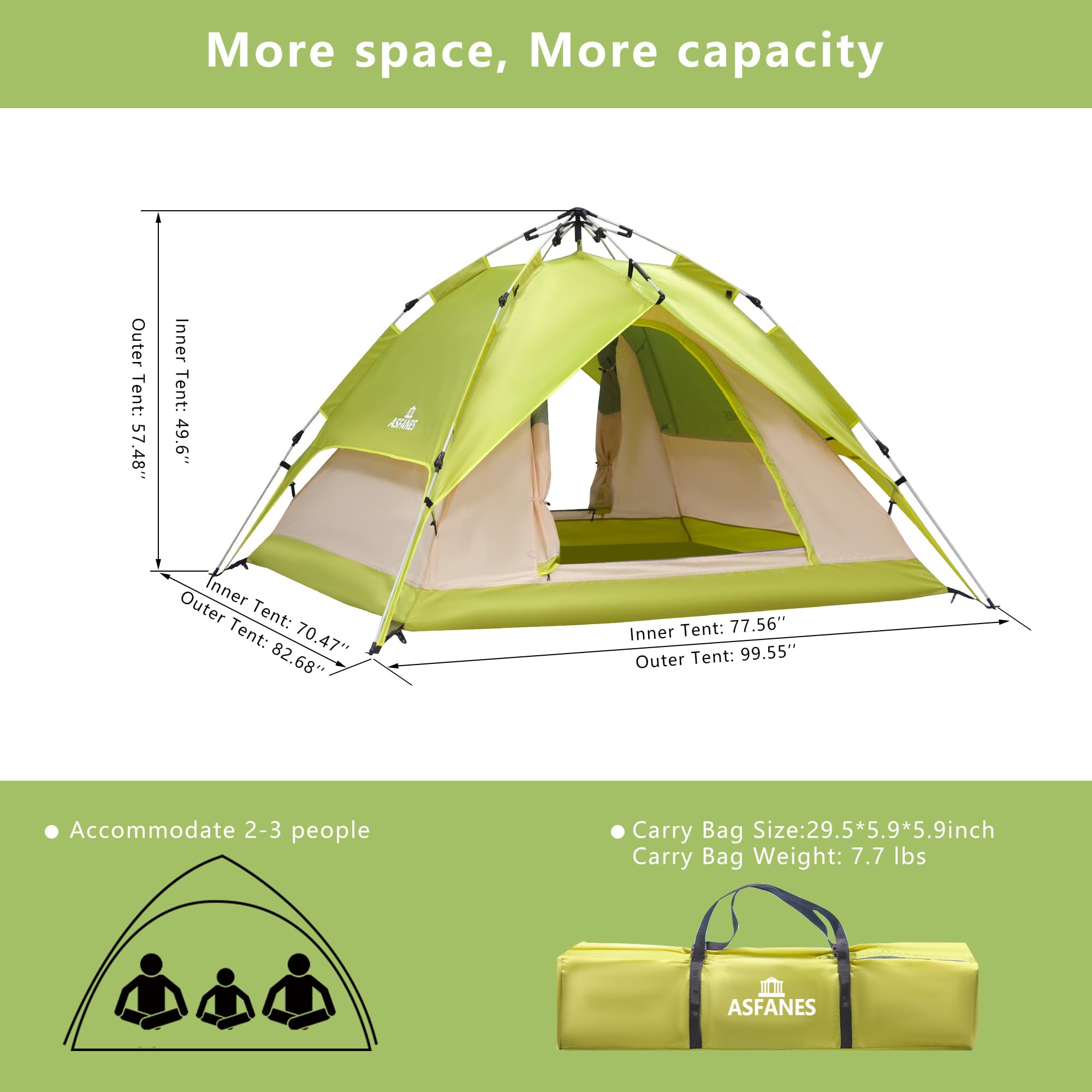 ASFANES 2-3 People Automatic Camping Tent, Instant Tent for Outdoor Camping, Ultralight Dome Tent 4 Seasons Waterproof & Windproof Camping Tent with Removable Outer Tarpaulin, Green