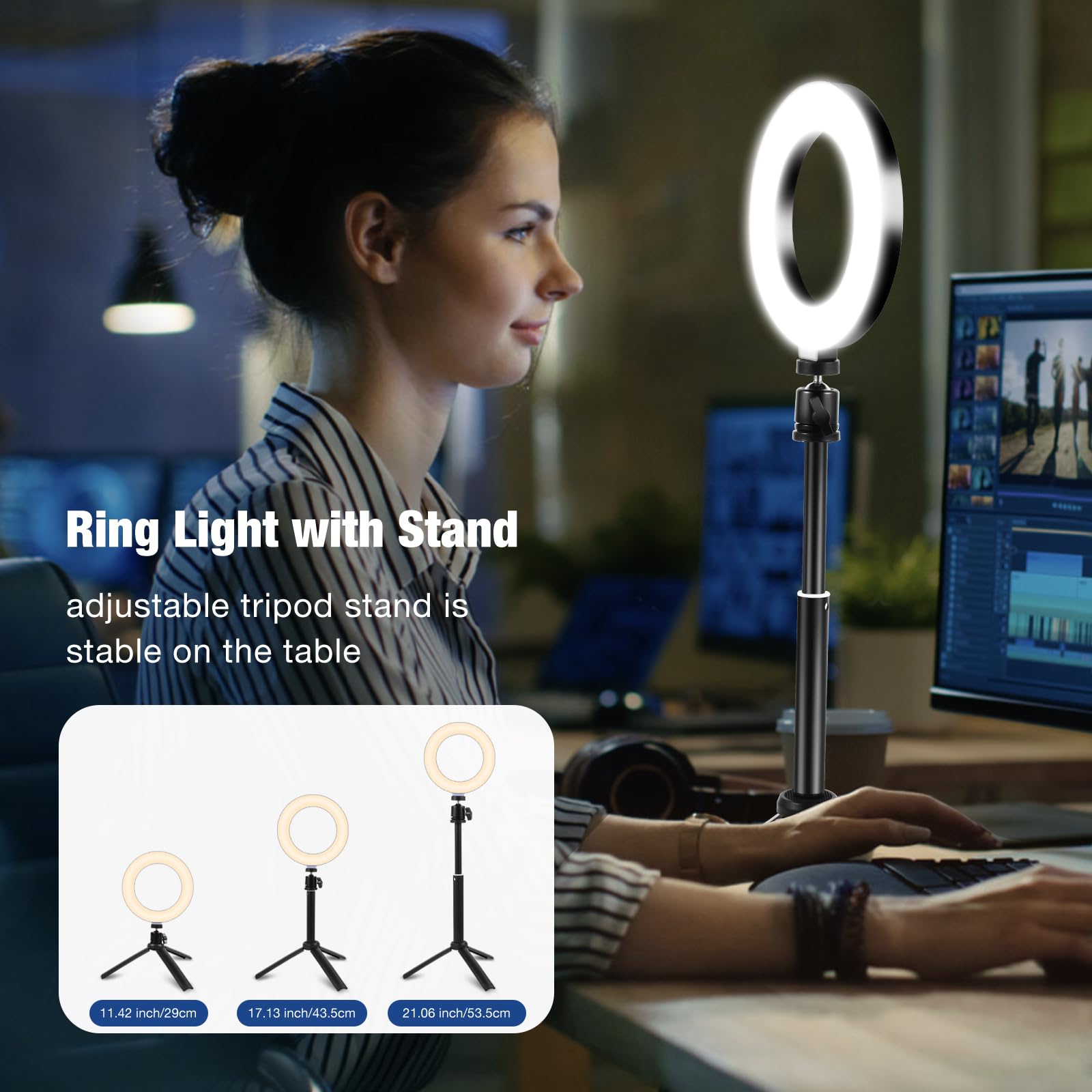 Railee Ring Light 6" LED Luce Selfie Videoconferenza con Treppiede Telefono 3 Modi