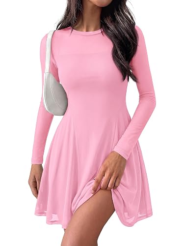 BTFBM Women’s Mini Dress Sheer Mesh Long Sleeve Flowy A Line Casual Cocktail Party Going Out Dresses 2026 Fall Fashion