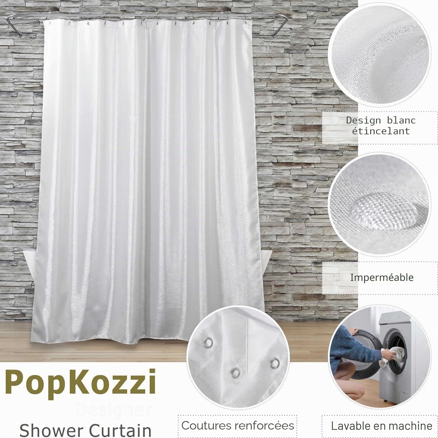 Rideaux de Douche à Paillettes Argent Blanc, Imperméables Lavables200Lx183W