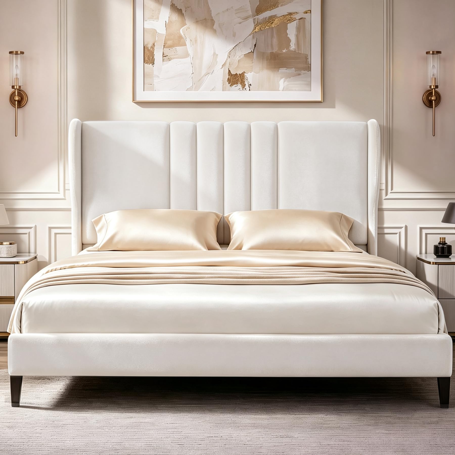 GTPLAYER Full Size Platform Bed Frame, Plush Velvet Wingback with Vertical Tufting, Cream