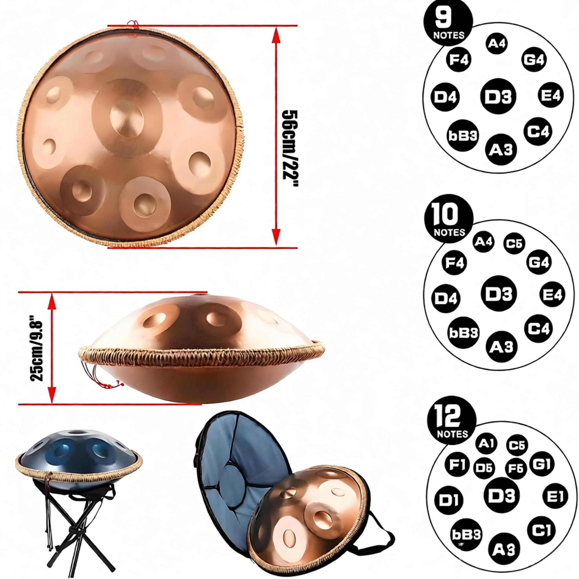 432hz 440Hz Steel Handpan Drum 9/10/12 Töne 56cm D-Moll-Handtrommel, Drum-Instrument Mit Schlägeln, Hand pan-Ständer & Tragetasche, für Erwachsene & Anfänger(Gold,440hz 9 Notes)