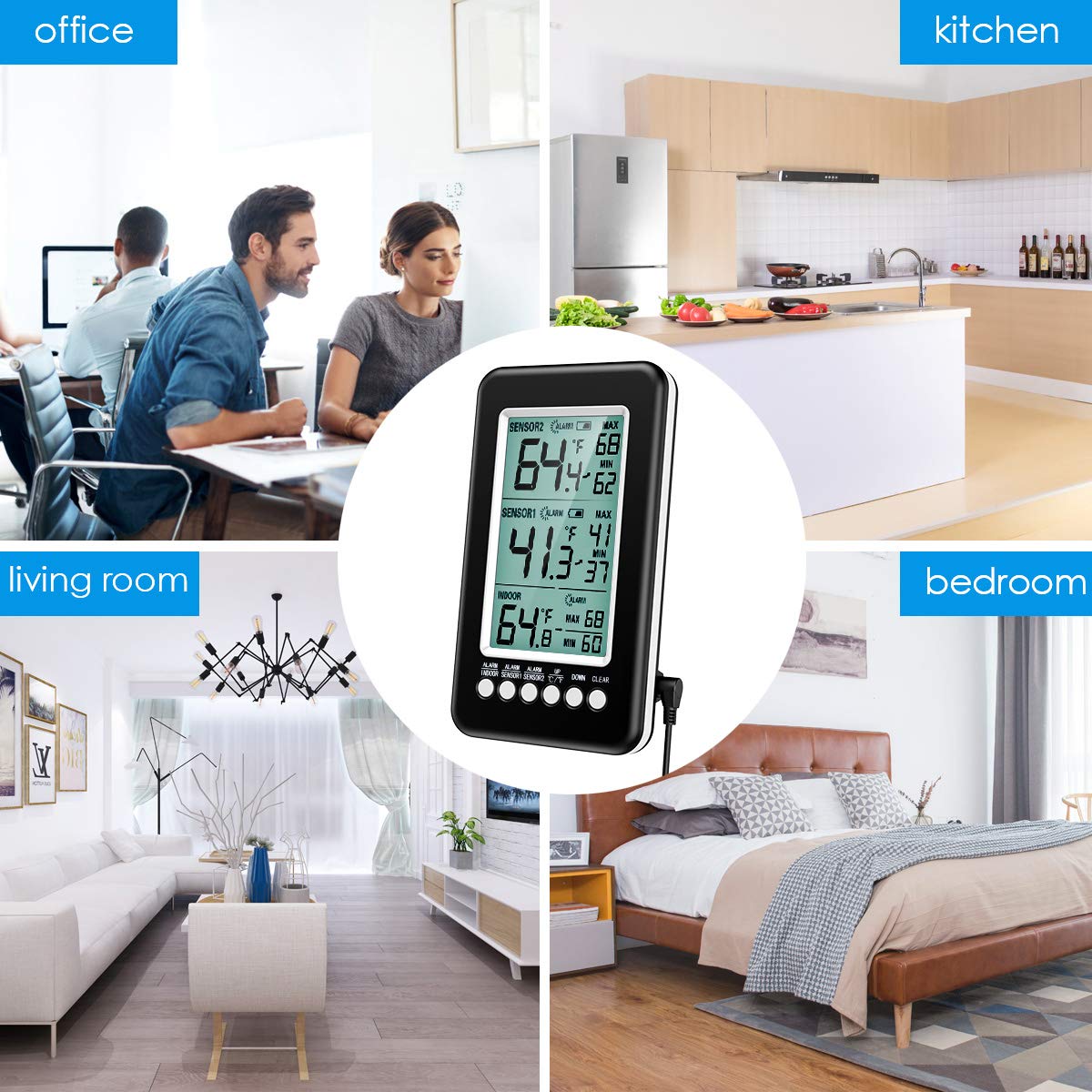 Brifit Kühlschrankthermometer mit Alarm, Gefrierschrank Thermometer mit mit 2 Sensoren, Kühlschrank Thermometer mit Alarmfunktion, MIN/MAX Records, USB/Batterie betrieben, für Küche, Hause, Bars