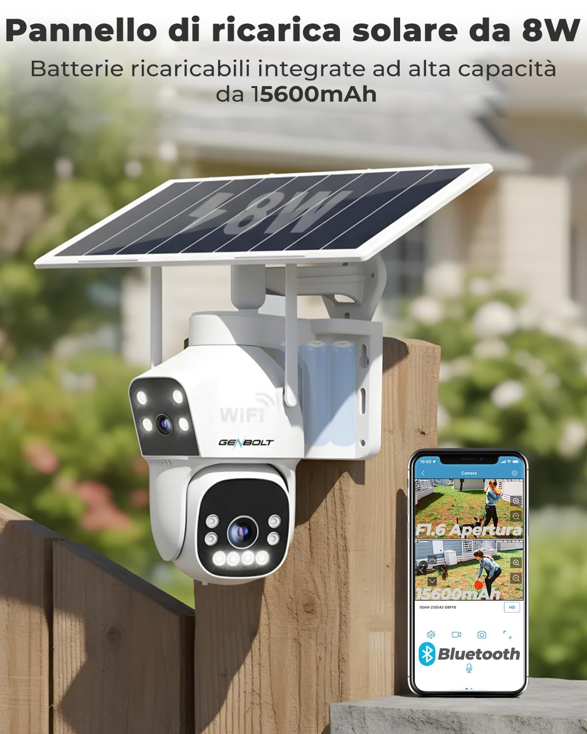 GENBOLT 2.5K AOV Solare Telecamera Wi-Fi Esterno Senza Fili di Sicurezza Esterni, Registrazione 7/24 3MP+3MP IP Videocamera Sorveglianza con Rilevamento AI, CCTV Camera Batteria 8W 15600mAh 2.4&5GHz