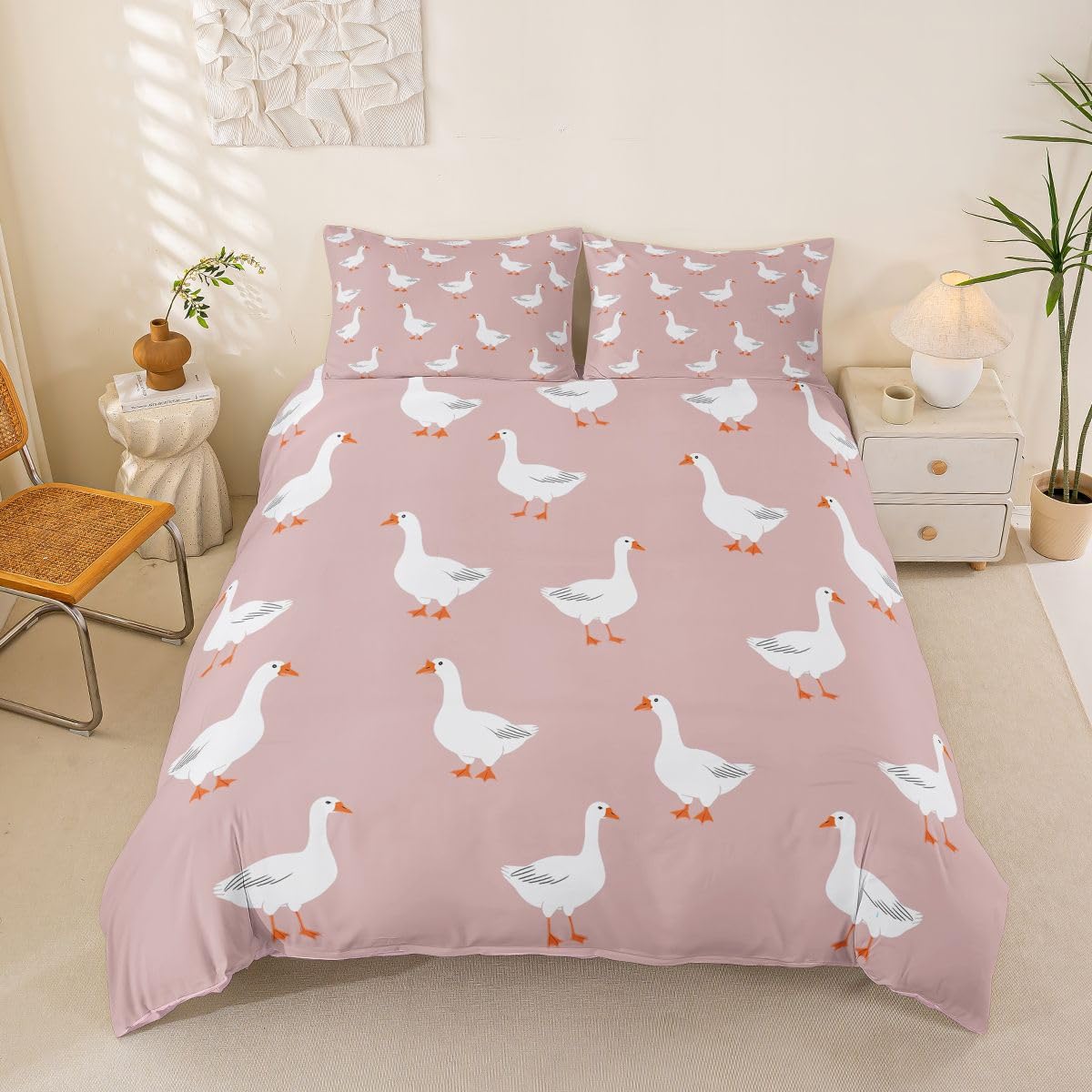 Parure de lit microfibre 220x240 cm rose avec housse de couette imprimé oies mignonnes et taies