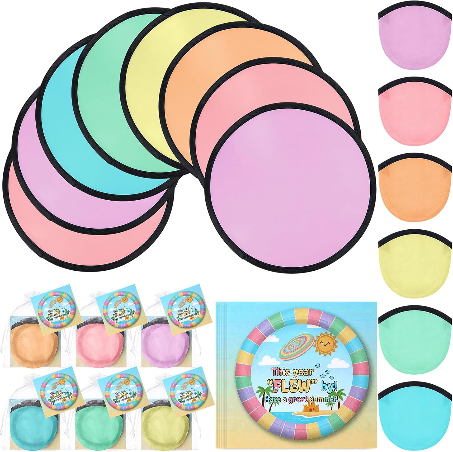 36 Pack Foldable Flying Disc Fans, End of Year Student Gifts Bulk, Summer Beach Flying Discs with Bags Cards, Pocket Hand Fans for Outdoor Games, Classroom Prizes, Summer Party Favors