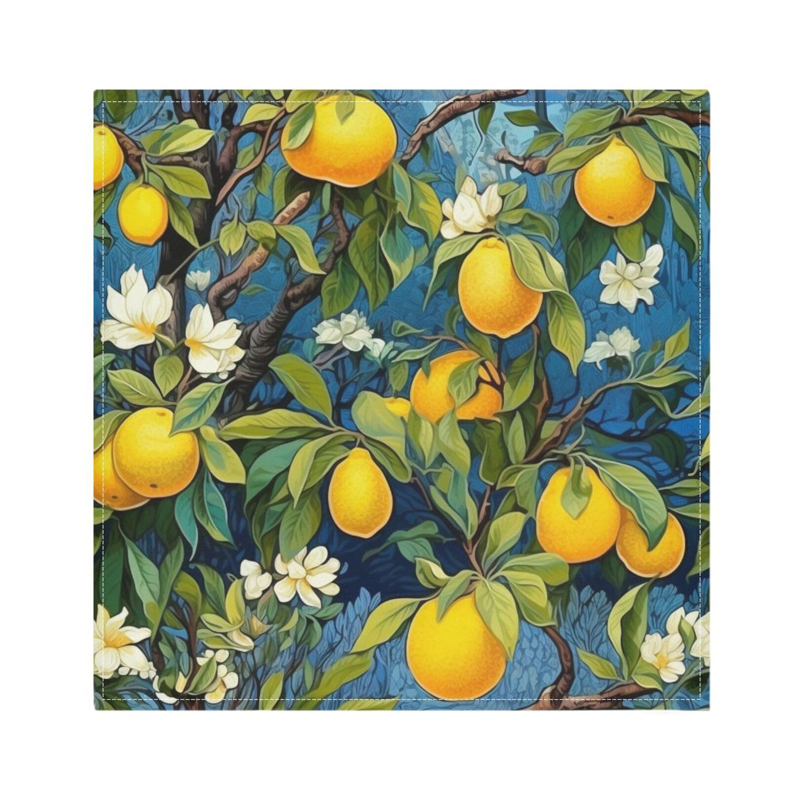 Serviettes de table en tissu ALAZA : lot de 4 serviettes lavables motif citron 50x50 cm