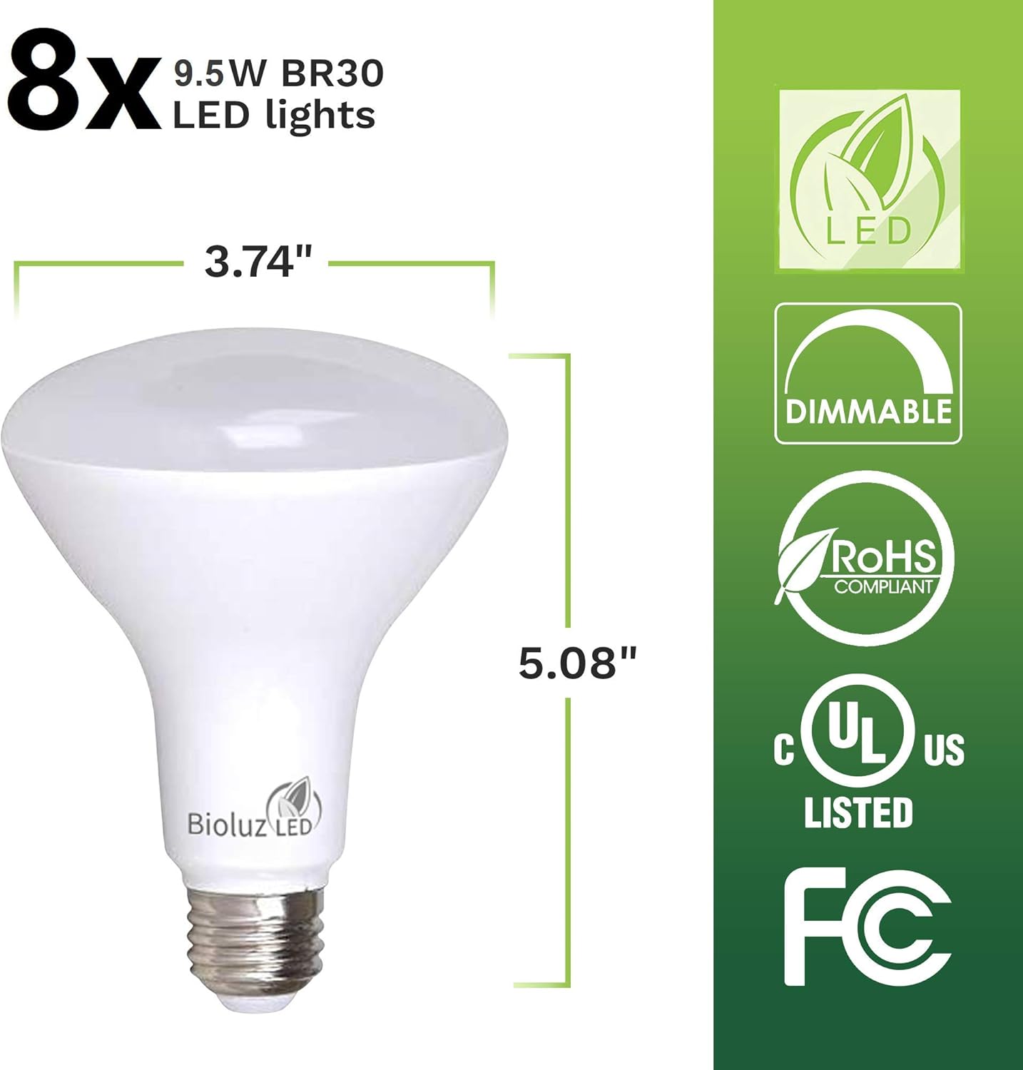 Bioluz LED 8 Pack BR30 LED Bulbs Indoor Flood Lights 90+ CRI 75W Equivalent uses 9.5W 3000K Soft White 850 Lumens E26 Base Dimmable Instant On Interior Home Décor UL Listed FCC RoAS Title 20 Certified