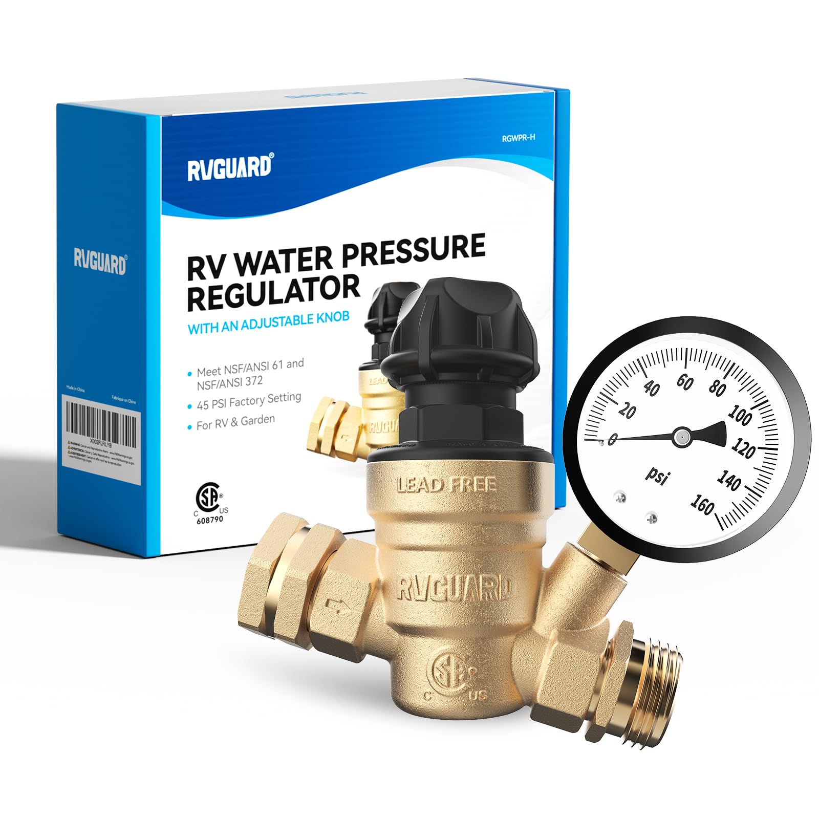 RVGUARD Zawór regulatora ciśnienia wody do kampera z regulowaną gałką, nie wymaga narzędzi, mosiężny bezołowiowy reduktor ciśnienia wody z manometrem i filtrem ekranu wlotowego do przyczepy