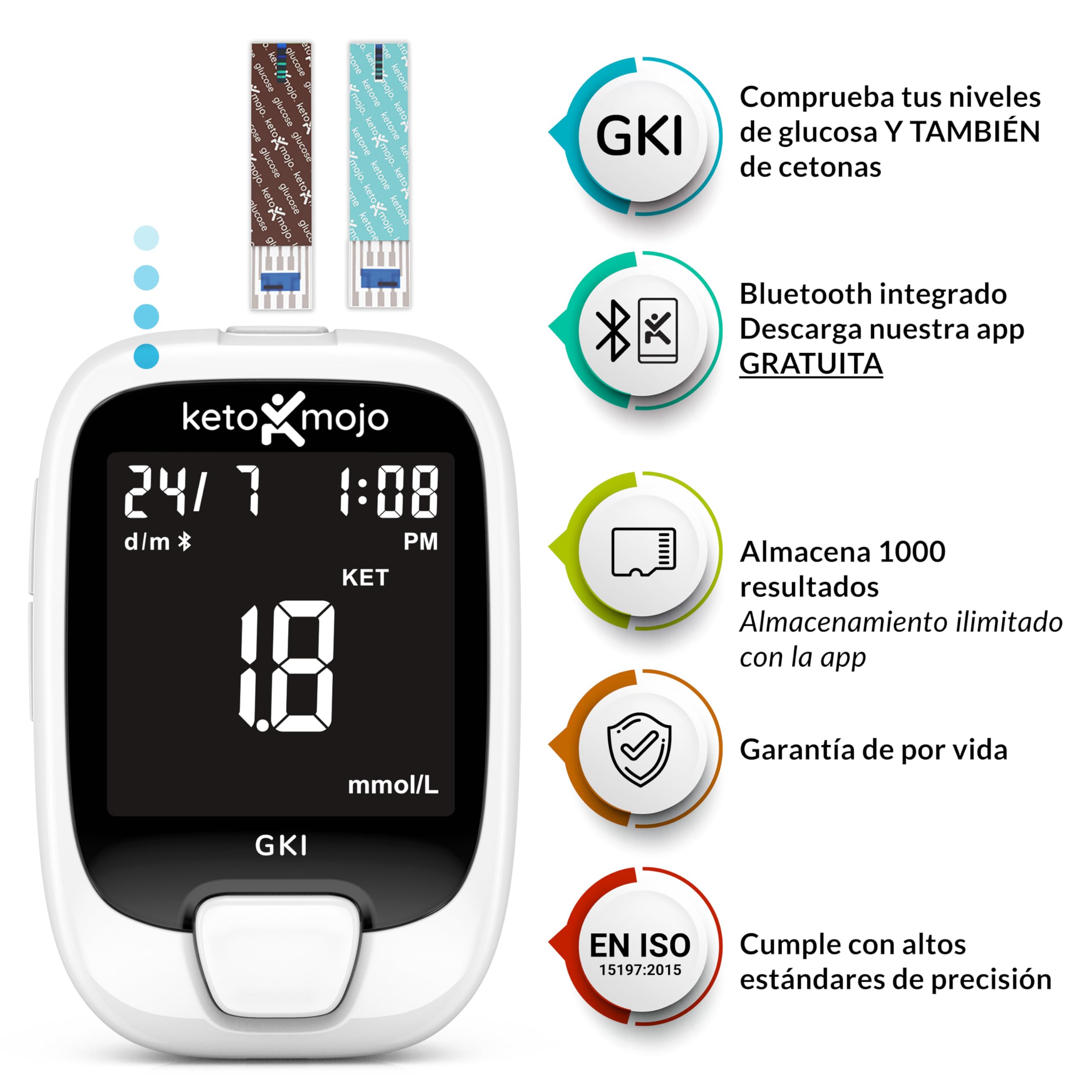 KETO-MOJO GKI Kit Bluetooth per test di glucosio e chetoni + APP gratuita, 20 strisce reattive (10 ciascuna), misuratore, 20 lancette, dispositivo di puntura e soluzioni