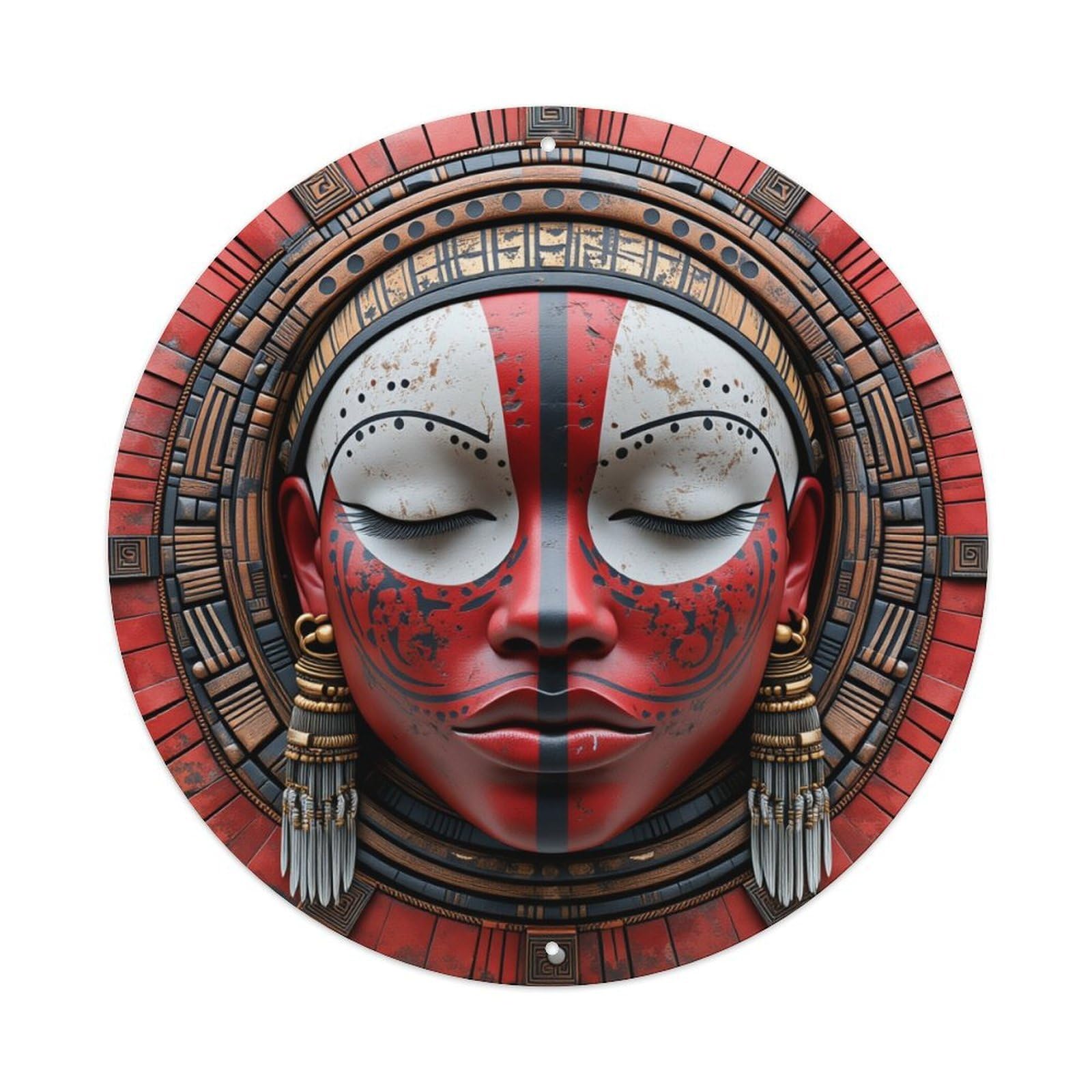 Red White Black Tribal Pattern Round Tin Sign Retro Metal Sign for Cafe Bar Pub Home Game Room Gym Club Wall Decoration Vintage Metal Poster 8x8 Inch