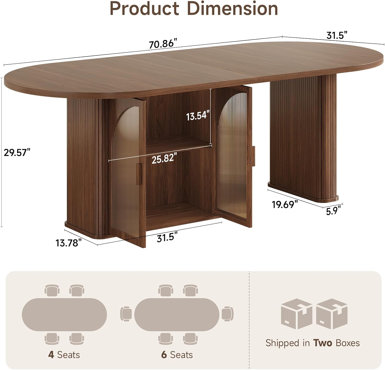ONBRILL 70 Inch Oval Dining Table for 6-8, Modern Dining Room Table with 2-Tier Storage Space, Wood Kitchen Table with LED Light, Dinner Table with Heavy Duty Legs, Walnut