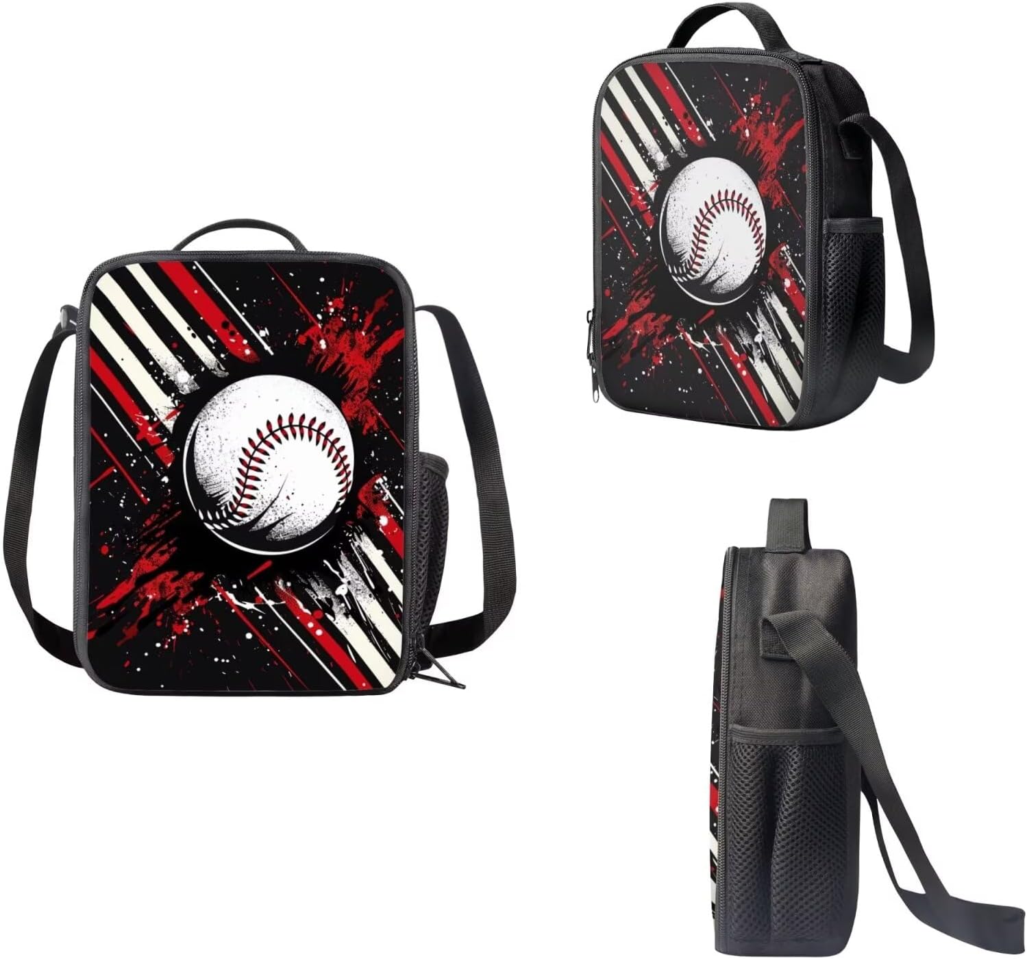 Baseball Print Backpack Set Ink Boys School Backpack Set with Lunch Box Pencil Box, Large Capacity Schoolbag Bookbag Reusable Lunch Bag Pencilcase for Kids Teens, Black adn Red