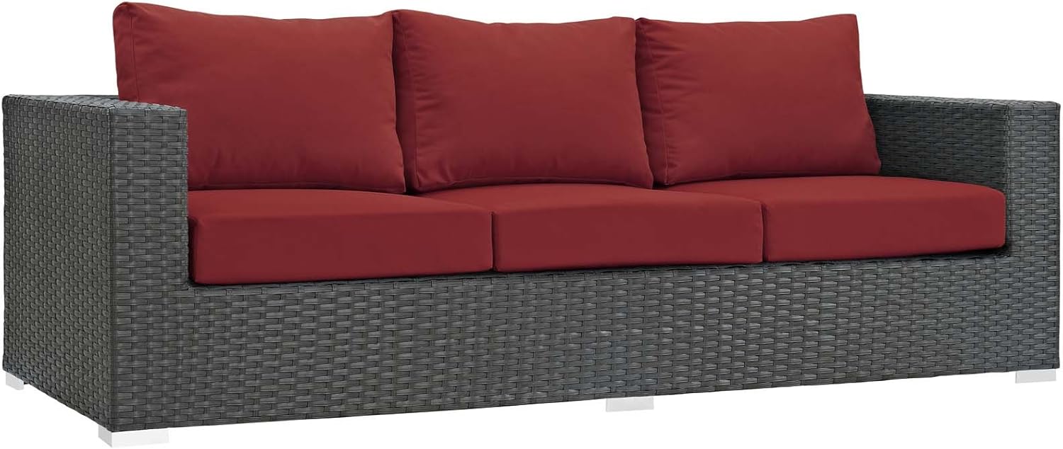 Modway Sojourn Wicker Rattan Outdoor Patio Sunbrella Fabric Sofa in Canvas Red