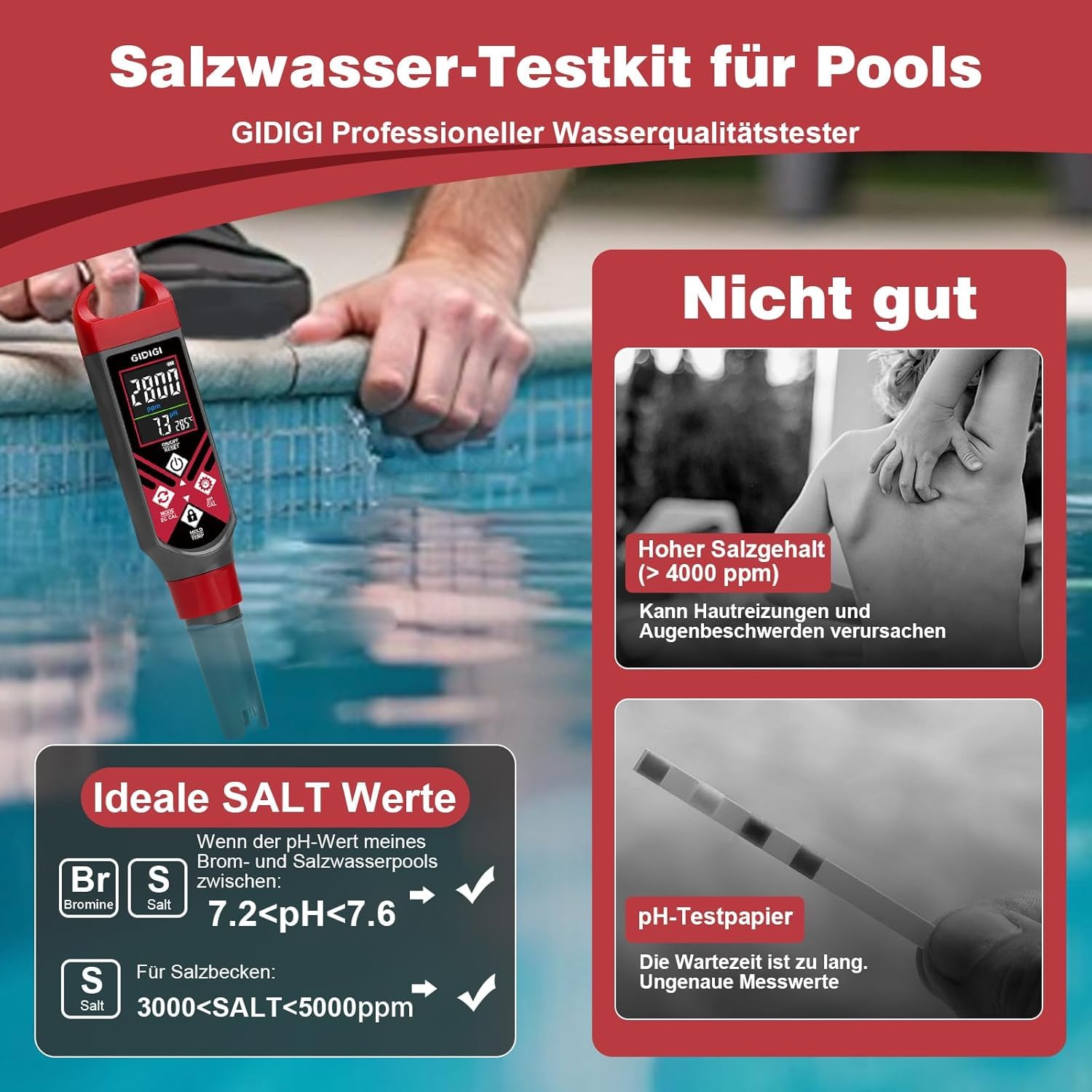 Digitaler Pool Salztester, pH Messgerät, 5-in-1 Wasser qualitäts tester für Pool, Aquarium, Whirlpool, Hydrokultur, 0,1 Hochpräziser Salzgehaltstester, Poolwasser Testset für Salzwasser