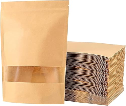 Paquete de 200 bolsas de papel kraft con ventana, 7 x 10 pulgadas, con cierre de cremallera resellable, muesca de desgarro para alimentos, nueces,