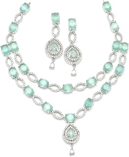 Rhodium-Plated American Diamond Studded Abstract Necklace With Earrings Jewellery Set For Girls and Women