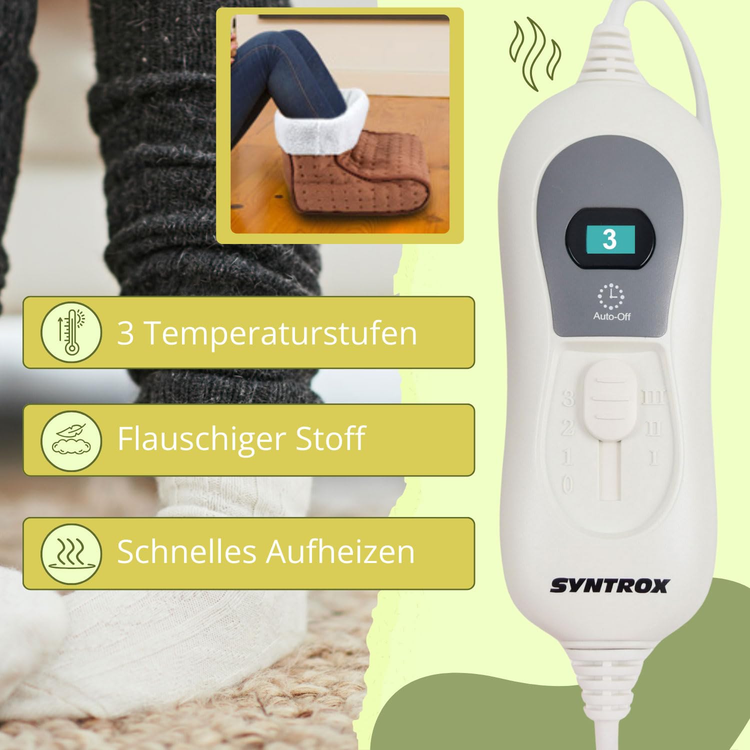 Syntrox Germany Atmungsaktiver Elektrischer Fußwärmer Arutic, Fußheizung für den Winter,Hausschuhe Schuhe, beheizter Fußwärmer, Hausschuhe, 3 Temperaturstufen, 100 Watt