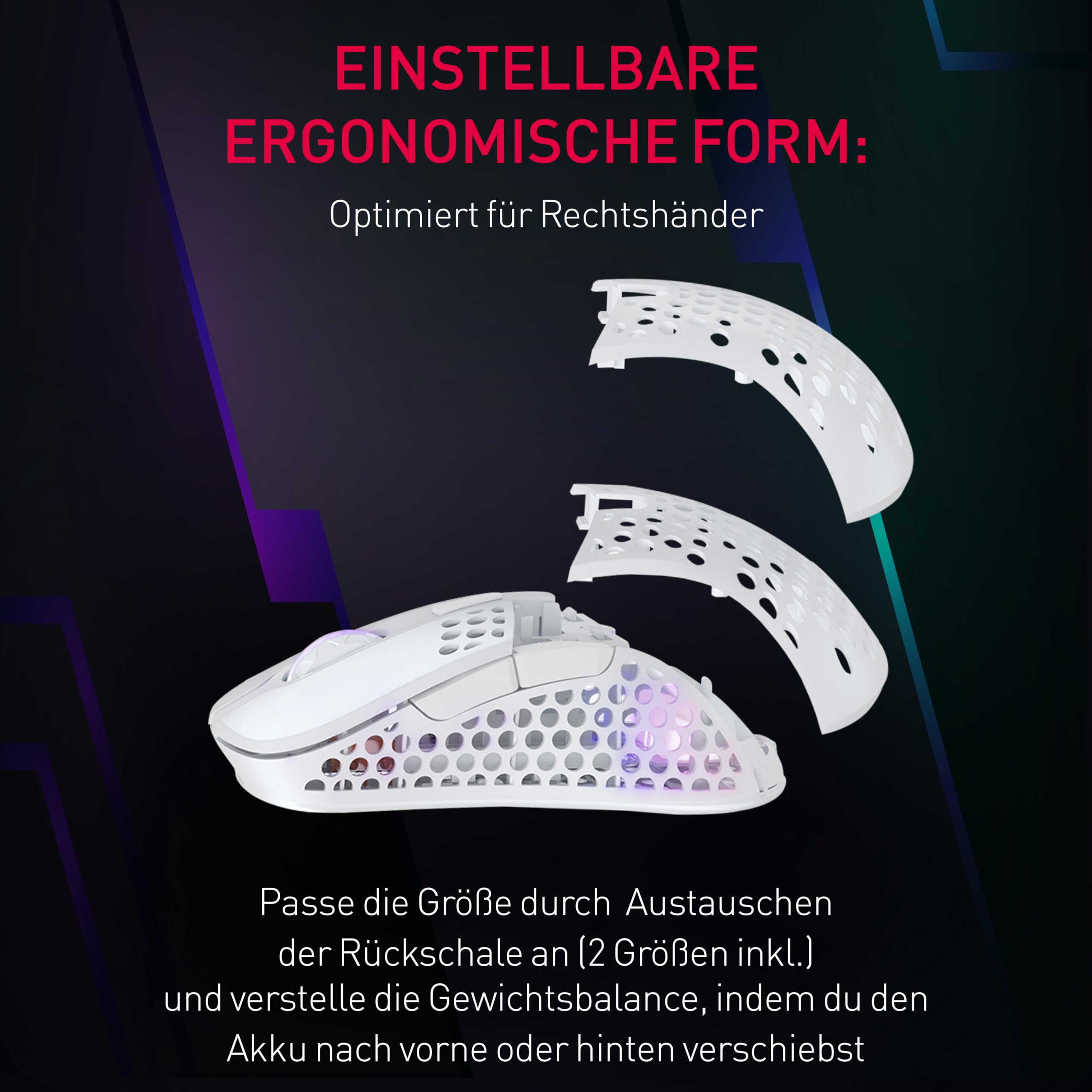 Xtrfy M4 Kabellose ultraleichte Gaming-Maus, RGB, verstellbare Form, 2,4 GHz, verzögerungsfrei, kabellos, 75 Stunden Akkulaufzeit, Weiß, M4W-RGB-White