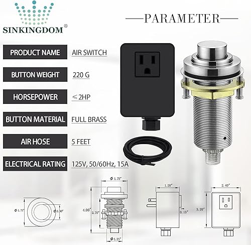 Miniatura 9 de SINKINGDOM SinkTop - Kit de interruptor de aire (botón largo de latón completo) para eliminación de basura, inalámbrico (bronce aceitado)
