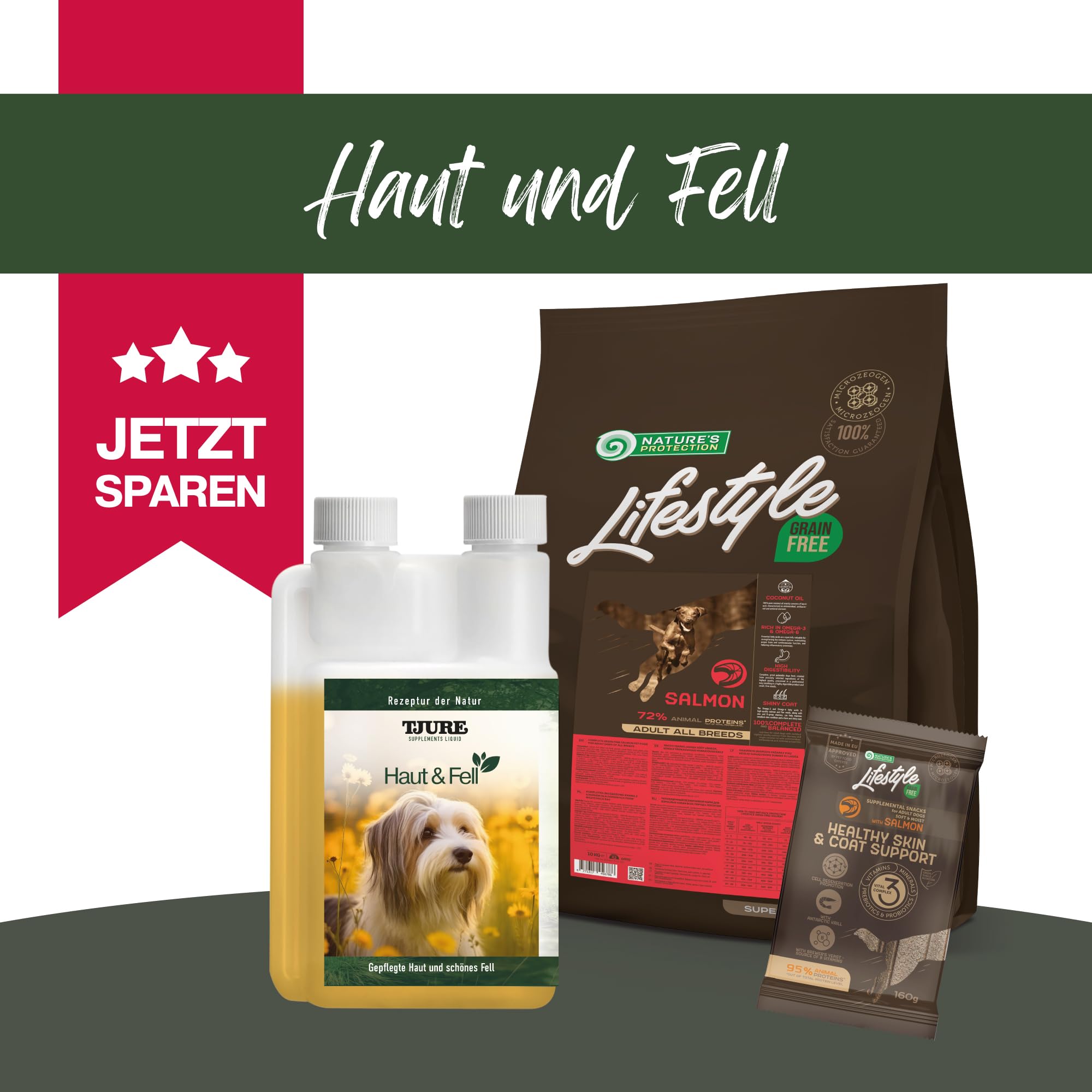 TJURE Haut & Fell Set für Hunde | Flüssige Kräuterpflege + Trockenfutter getreidefrei + Snacks | Nahrungsergänzung Mit Omega-3 & Bierhefe | Ohne Zusätze | Made in Germany