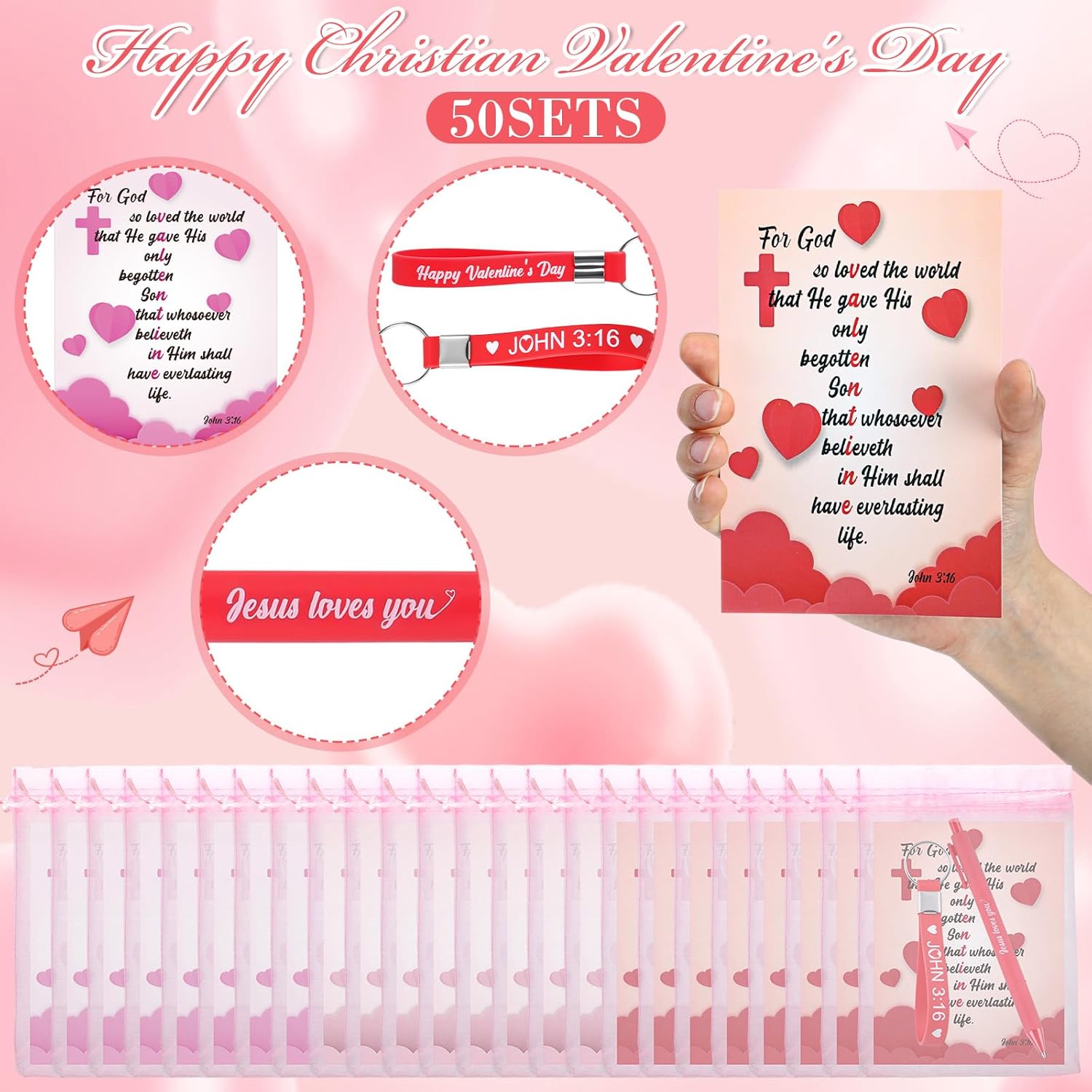 50 Set Christian Valentines Gift Bulk, Jesus Love You Ballpoint Pen Bible Verse Card Silicone Keychain Gift Bag for Church Religious Valentine Party Favor Thank Exchange - Image 3