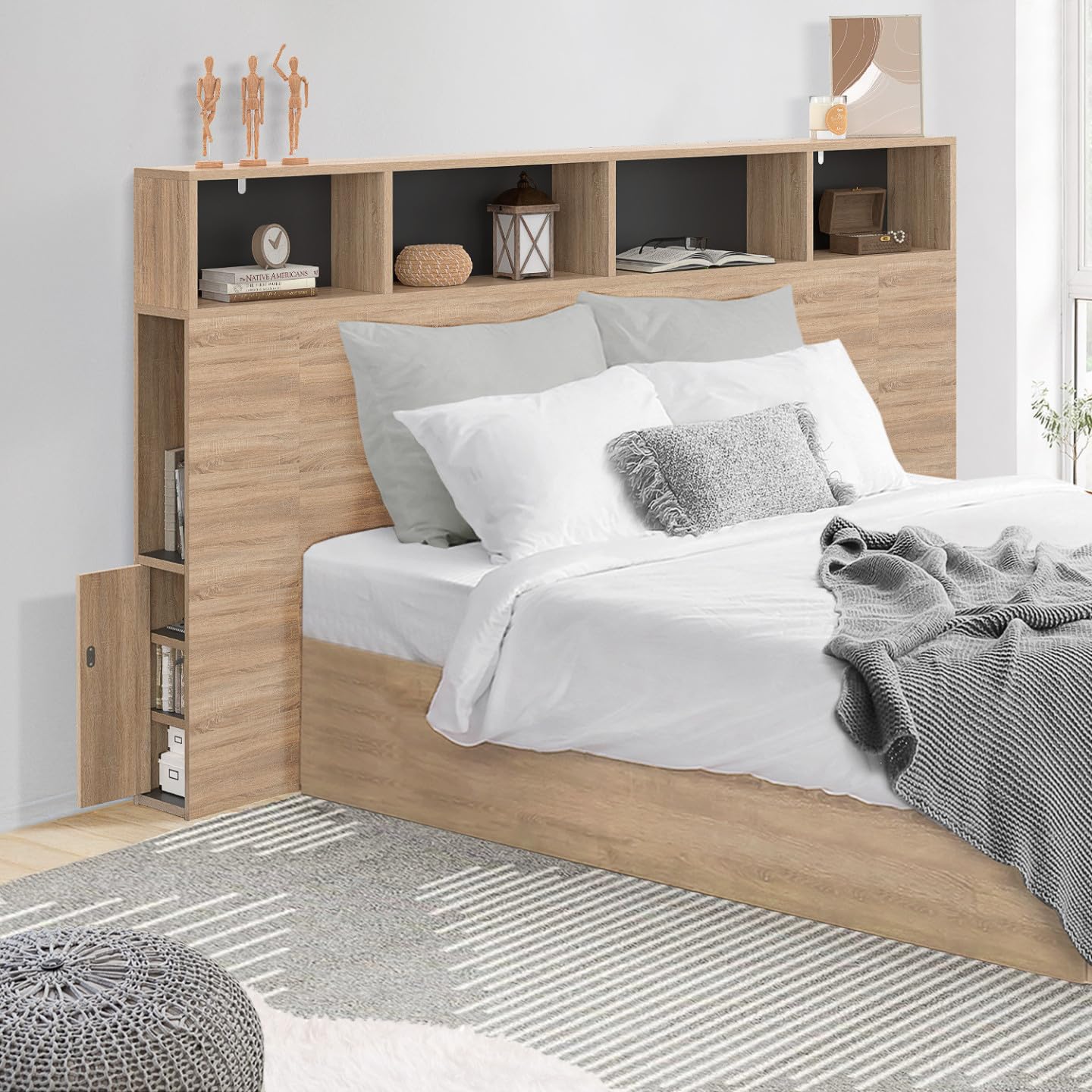 IDMarket - Tête de lit sur Pied Cleo 165 cm avec rangements fermés et niches façon hêtre et Noir