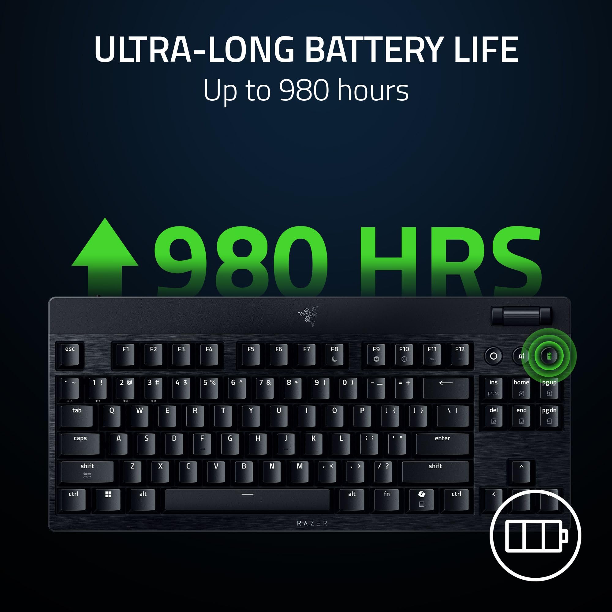Razer BlackWidow V4 Low Profile TKL HyperSpeed Tastiera da gioco wireless: interruttori meccanici gialli - 2,4 GHz wireless e Bluetooth - Rullo multifunzione - 3 pulsanti di controllo - lungo