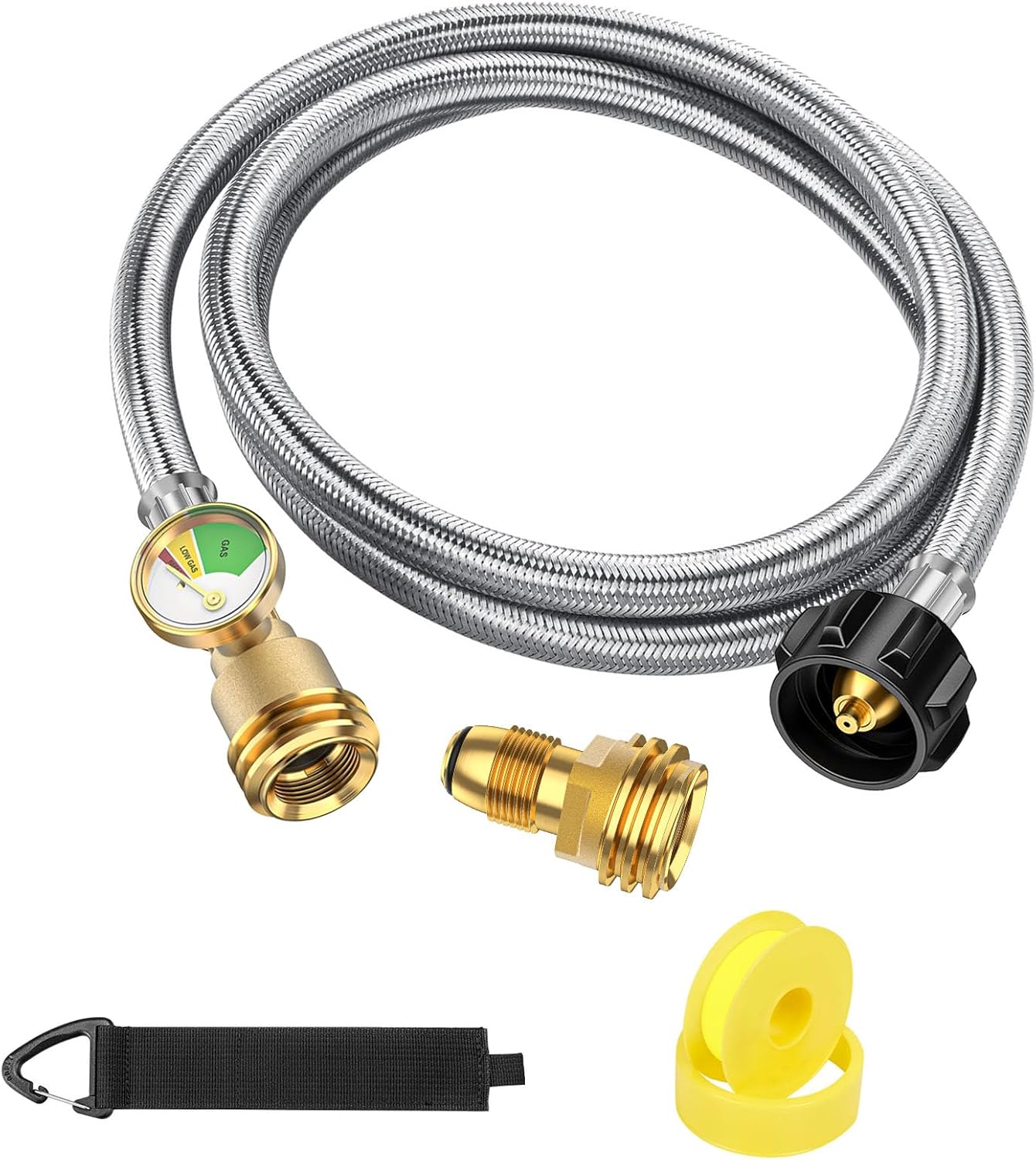 5 FT Propane Tank Extension Hose Braided with Gauge, with POL to QCC1 Propane Tank Adapter Converts, QCC1/Type 1 Tank Extension Hose, Acme to Male QCC/POL Fitting, for Propane Tank to Appliances