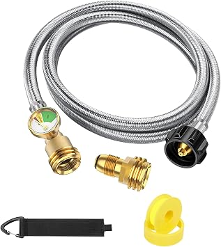 5 FT Propane Tank Extension Hose Braided with Gauge, with POL to QCC1 Propane Tank Adapter Converts, QCC1/Type 1 Tank Extension Hose, Acme to Male QCC/POL Fitting, for Propane Tank to Appliances