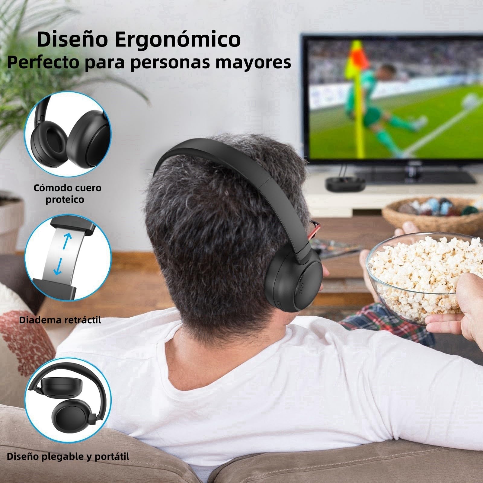 Auriculares Inalámbricos para TV, 2.4G y Bluetooth 5.3 Modo Dual Auriculares TV para Ancianos, Sin Retraso de Sincronización Labial, Aptos para Ancianos con Base Transmisión, Soporte Óptico/USB/RCA/BT