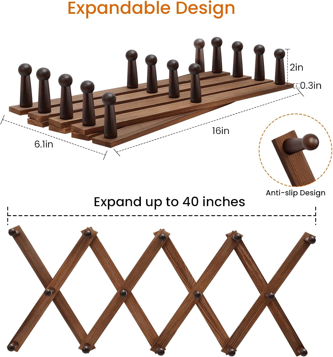 Homode Accordion Wall Hanger, Hat Rack for Wall, Wood Expandable Coat Rack, Vintage Accordian Peg Hooks Purse Organizer for Hanging Baseball Caps, Coffee Mug, Hats, Clothes, Backpack, Towel