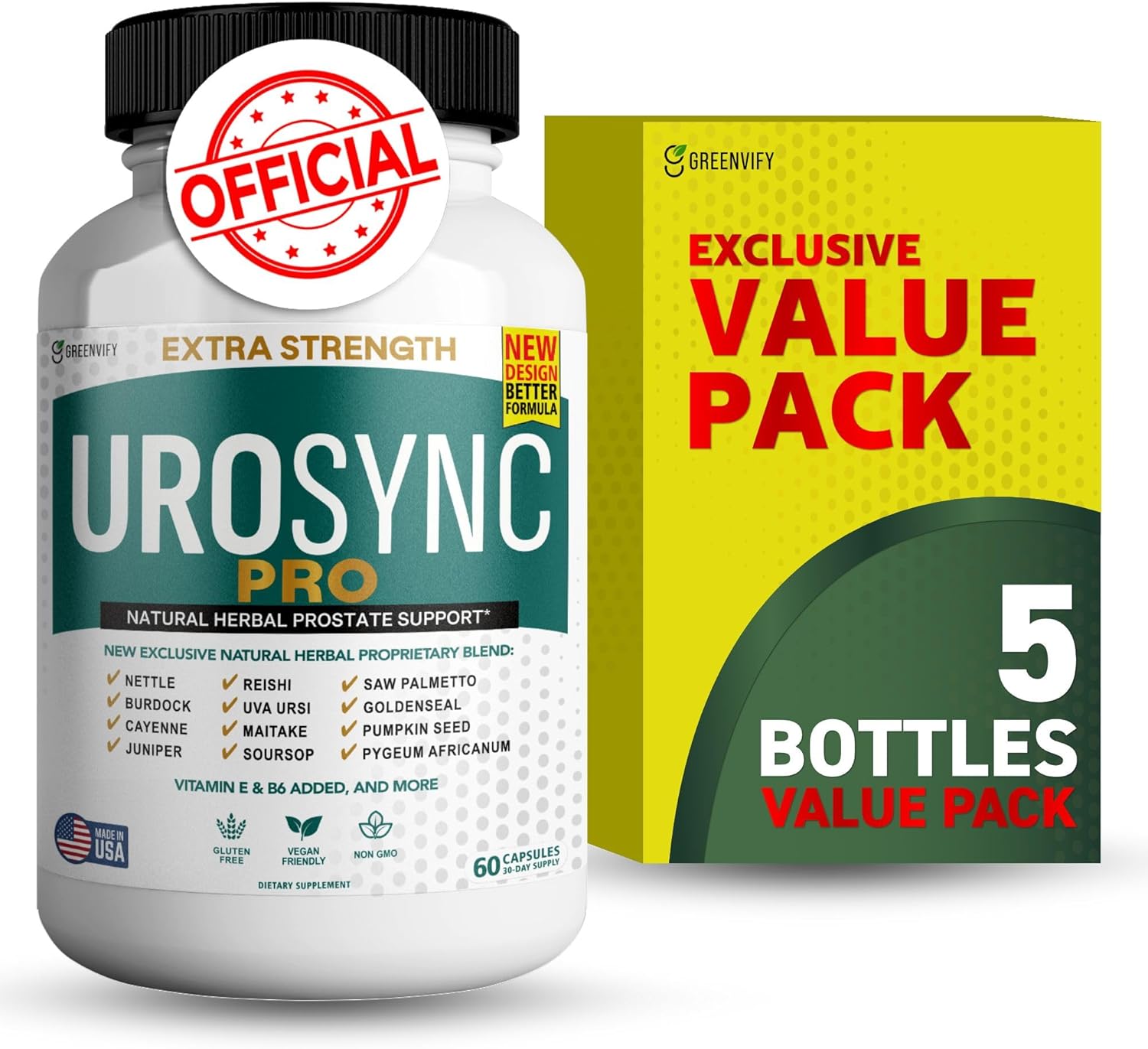 UroSync Pro Natural Herbal Prostate Support, 60 Capsules, Extra Strength with Saw Palmetto, Vitamins E & B6, Gluten Free, Non-GMO (3)