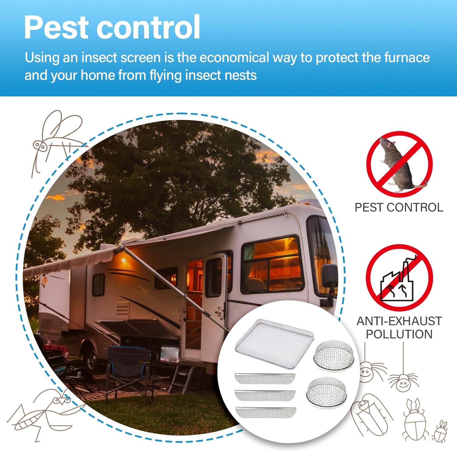 HOMEE 6 Pack Flying Insect Screen RV Accessories, RV Heater Vent Covers, RV Refrigerator Vents Stainless Steel Mesh with Installation Tool and Silicone Rubber