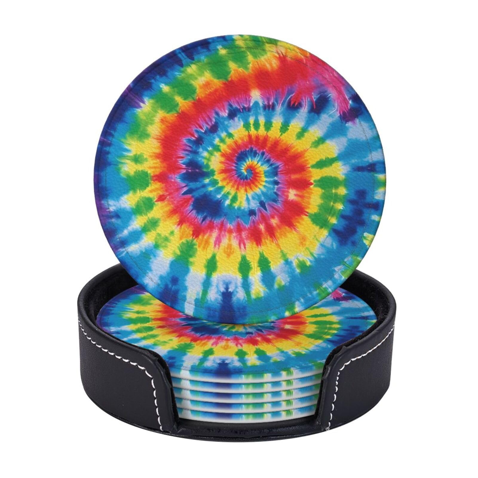 Round Coasters for Drinks Set of 6 - PU Leather Coasters with Holder - Modern Drink Coasters for Coffee Table - tie dye Rainbow Coaster for Tabletop Protection 4" Cup Mat Pad