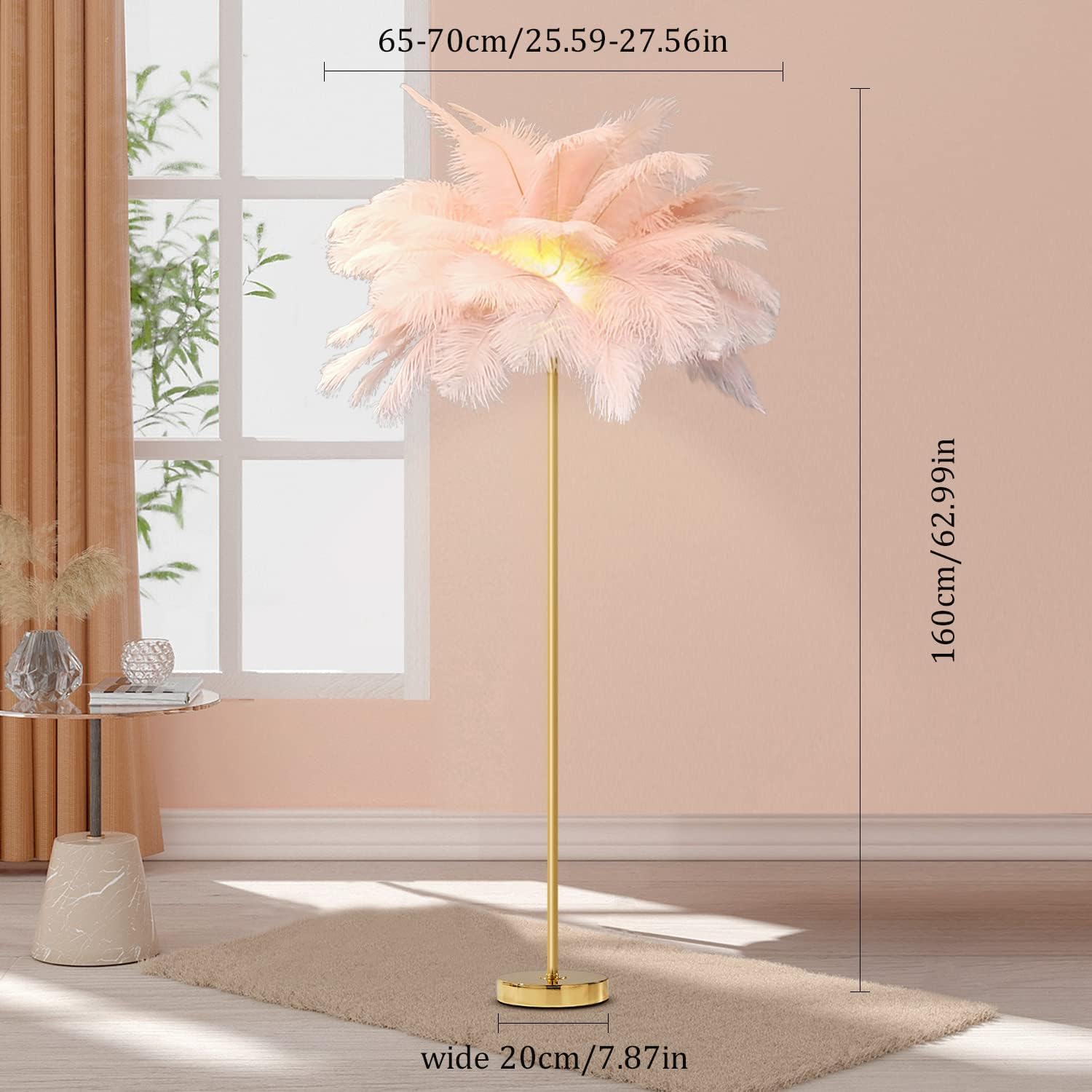 Pink Feather Floor Lamp Gold Floor Lamps Pink Floor Lamps for Living Room Pink Feather Lamp Gold Standing Lamp with Pink Feathers Pink Ostrich Lamp G4 Bulbs (H:160cm)(Pink)