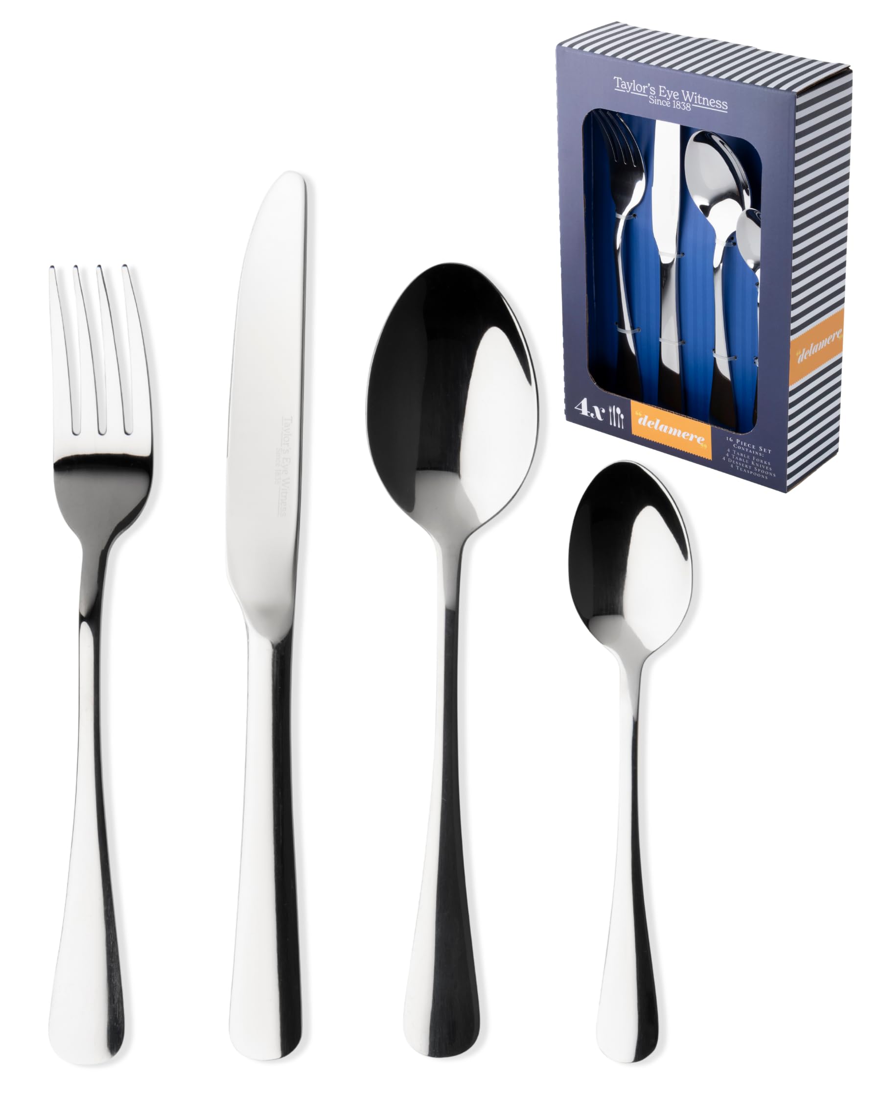 Taylors Eye Witness Delamere 16-Piece Kitchen Cutlery Set - Includes Table Forks, Knives, Dessert Spoons & Teaspoons. Durable 18/10 Stainless Steel Flatware Set. Modern Silverware. Dishwasher Safe