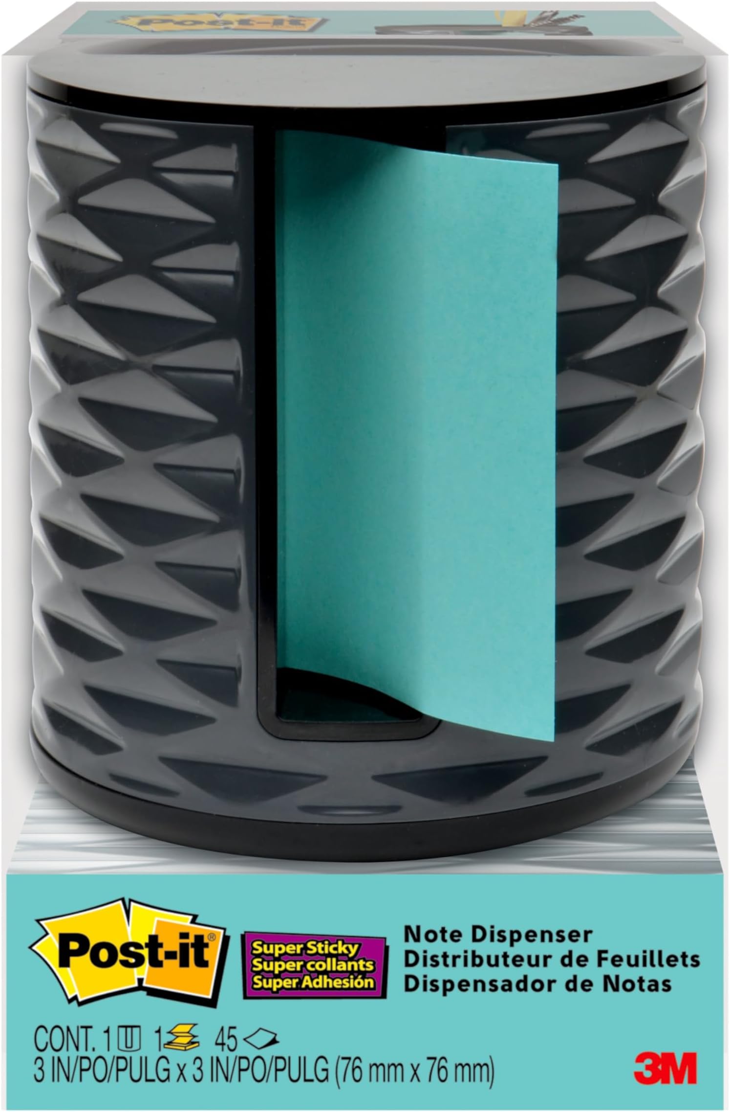 Post-it Note Dispenser, Vertical Design, Pop-Up Notes, Black with Grey Geometric Pattern, 1 Aqua Splash 3 in x 3 in Super Sticky Note Pad