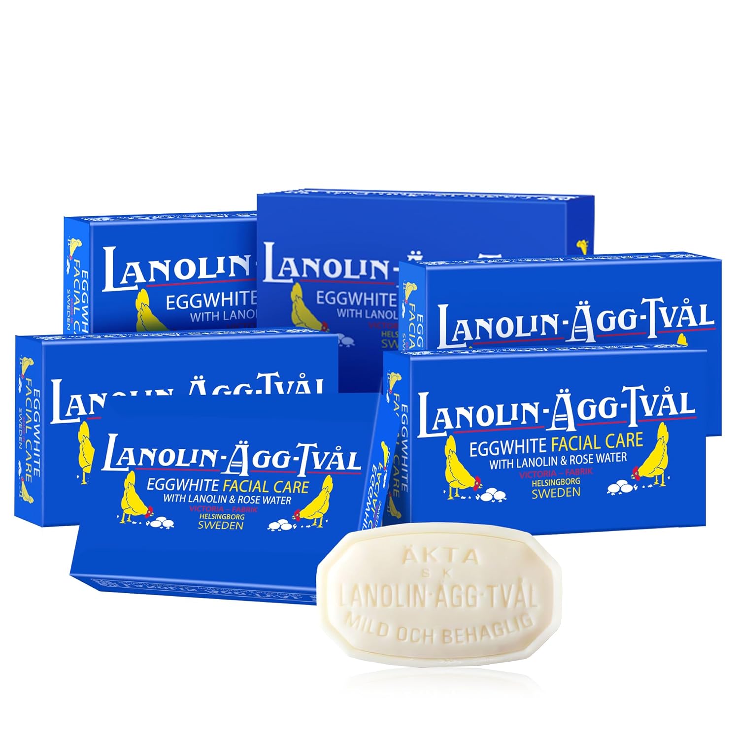 VICTORIA Swedish Egg White Facial Soap, 3-in-1 Gentle Daily Cleanser with Lanolin & Rose Water, for Oily & Combination Skin, 50g x 6 (6-pack-set)