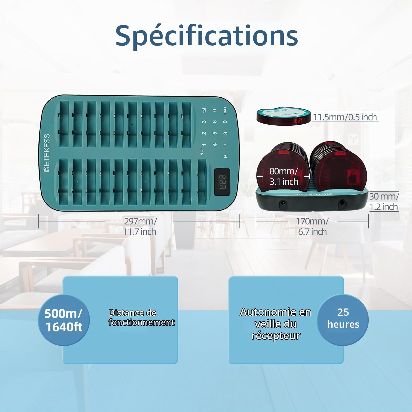 Retekess TD167A Bipeur Restaurant, Bipper Restaurant, 20 Bippers | pour Restaurant, Bar, Extérieur 500M, Appairage en Un Clic, 7 Modes d'Appel, Alertes Hors de Portée, Fonction Compte à Rebour