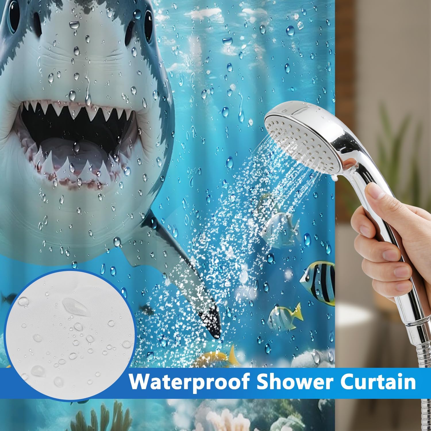 Ocean No Hook Shower Curtain with Snap in Liner Set, Shark Shower Curtain with Mesh Top Window and Weighted Hem, 71x74in Hotel Style Summer Double-layer Waterproof Fabric Shower Curtain for Bathroom