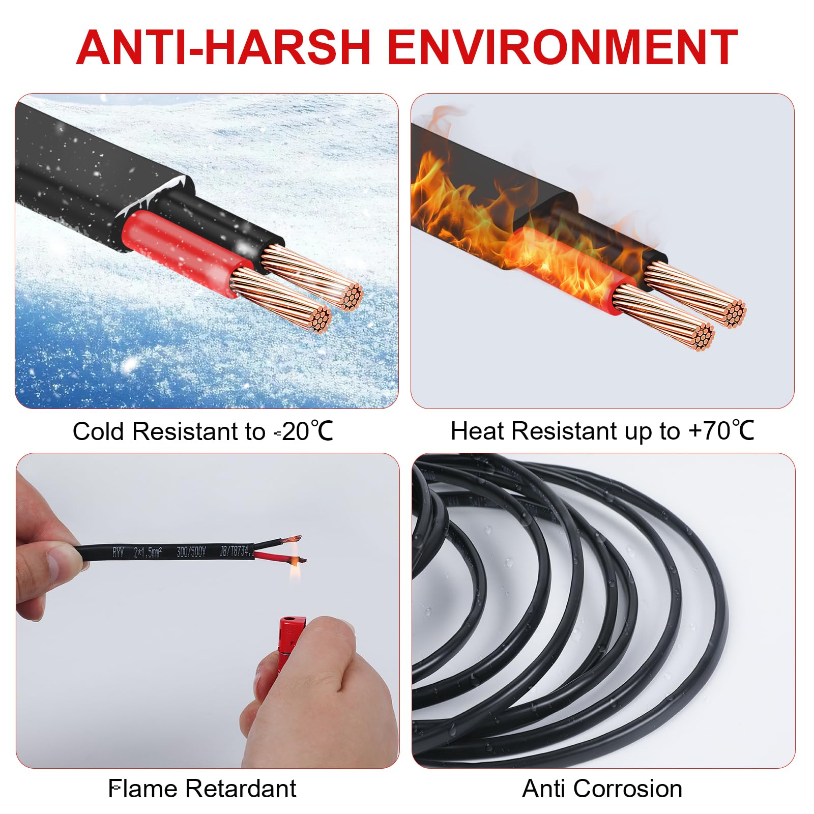 AOHEWEI 2×1.5mm² Câble Plat Double 2 Conducteurs en Cuivre pour Applications Électriques 5V 12V 24V 60V, Câble Automobile Et Bateau Mince Rouge/Noir 5/10/20/50 Mètres