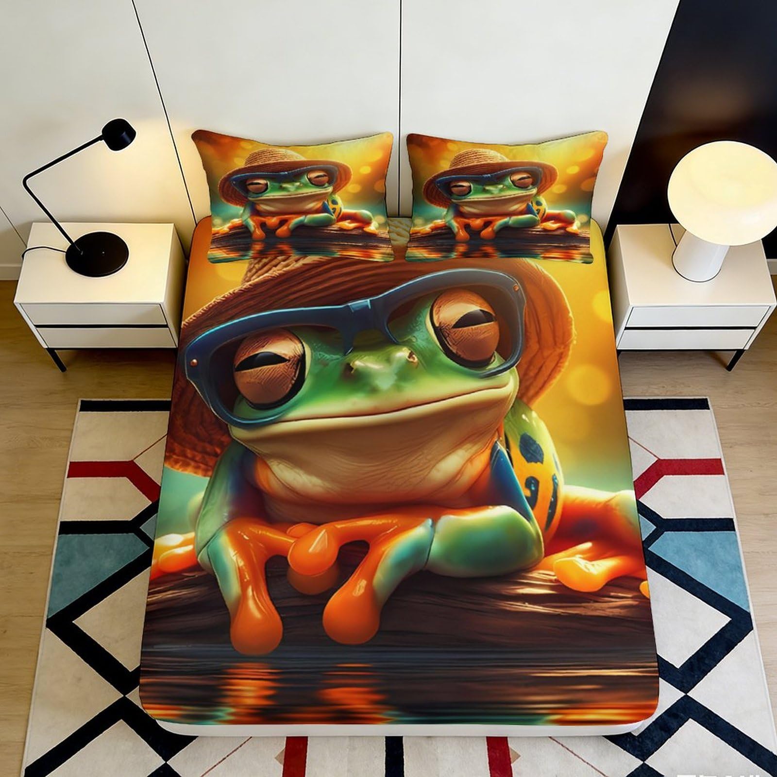 Pnayamiorkfel Style-4 3D Printed Cartoon Frog Fitted Sheet Microfiber Orange Green Animal Glasses Bed Cover For Bedroom Guest Room Dorm Decor 90X200x25cm