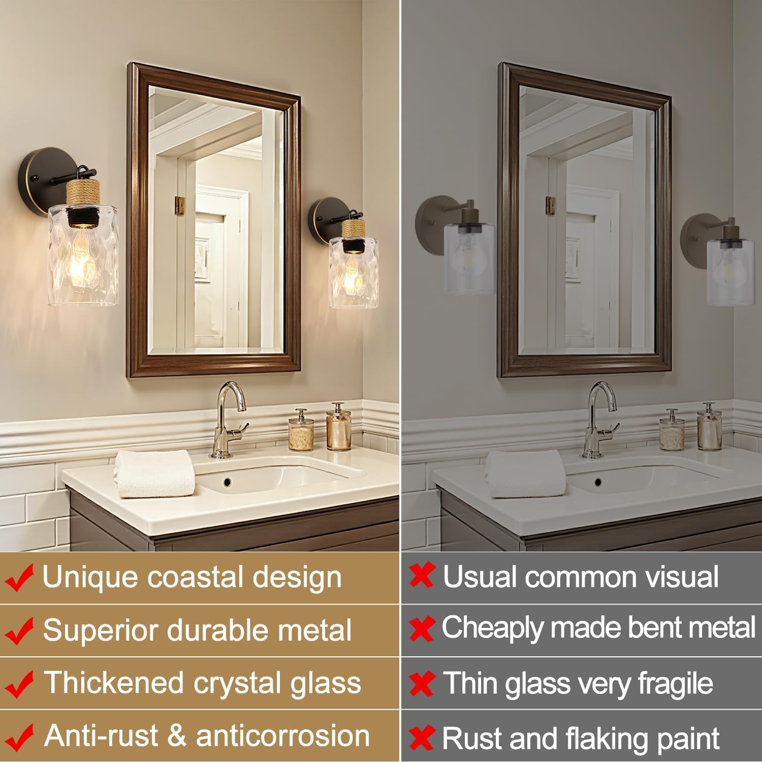 MOKATNG Set of 2 Wall Sconces for Bathroom, Coastal Modern Vanity Lights with Clear Glass Shade, Brown and Gold Bathroom Wall Lamp for Mirror Kitchen Living Room Hallway Cabinet Porch
